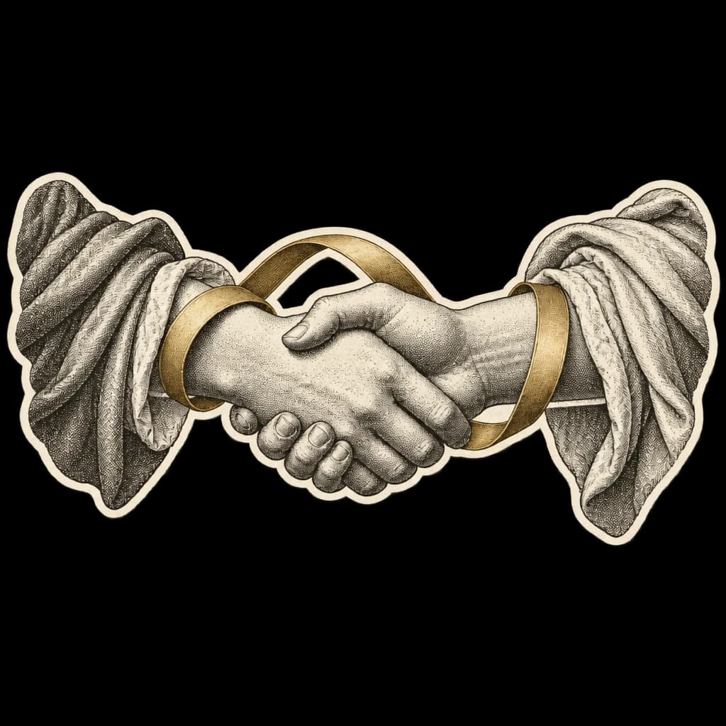 Due mani incise si stringono, unite da un nastro oro